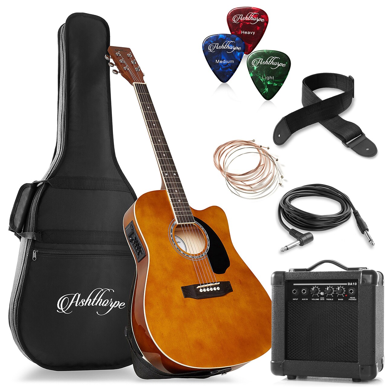 Ashthorpe Full-Size Thinline Cutaway Acoustic Electric Guitar Package with 10 Watt Amp